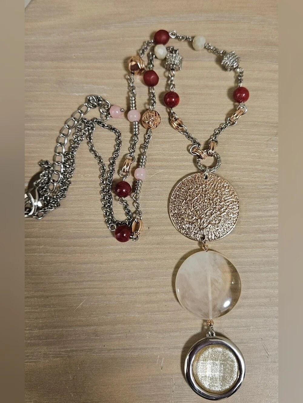 CHICO'S MEDALLION SILVER-TONE ROSE GOLD GLASS BEADS  BOHEMIAN LONG NECKLACE